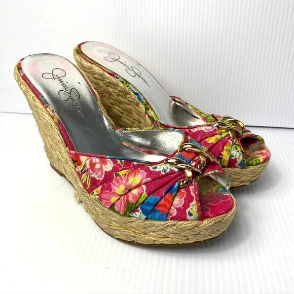Womens Jessica Simpson Gains Platform Espadrille Wedges Floral Peep Toe Pink 8.5 - Picture 1 of 8